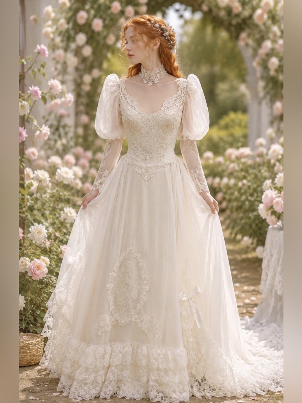 VTG Alfred Angelo Bridallure Wedding Dress 6 7809 Lace Puff Sleeve Train ILGWU